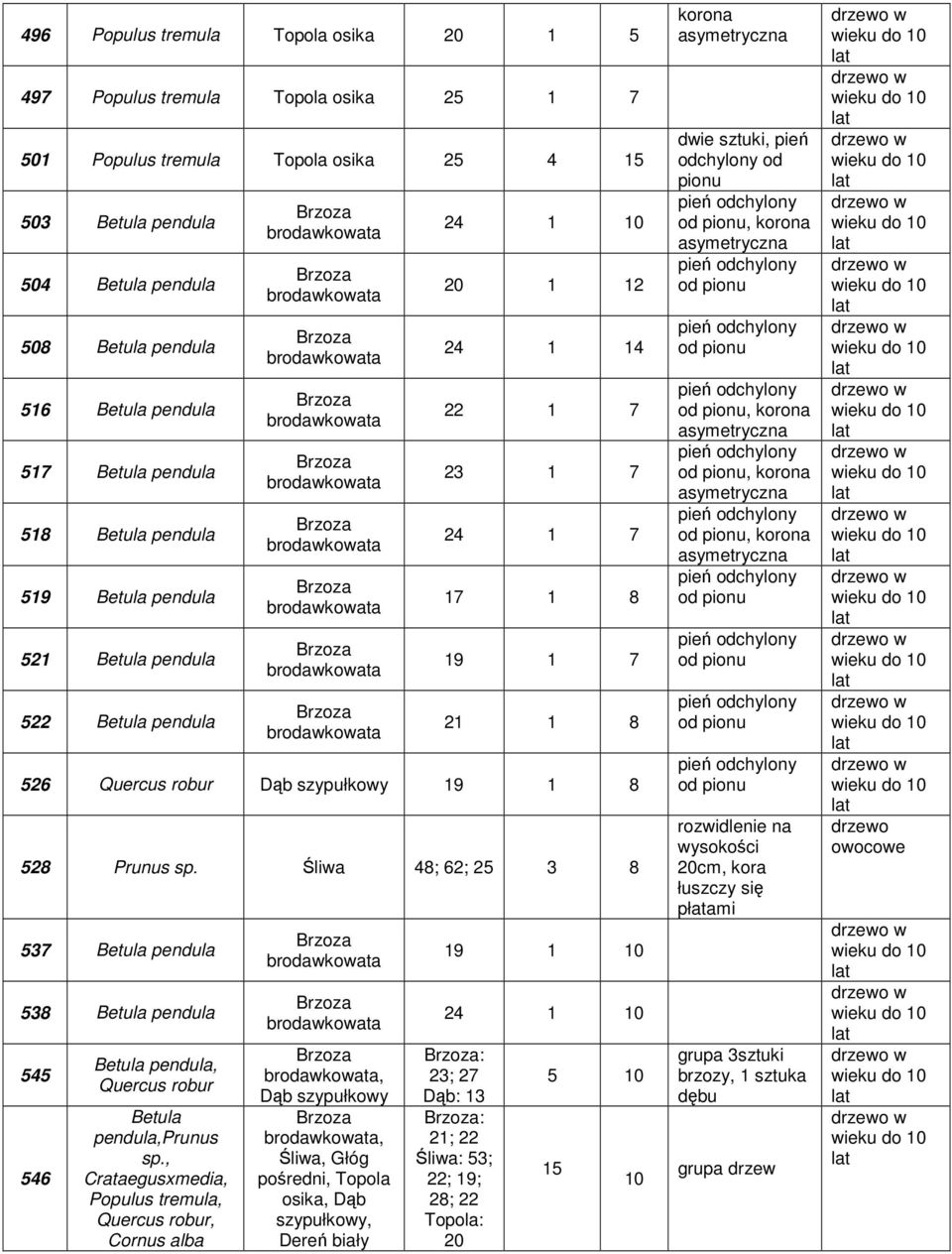 8 528 Prunus sp. Śliwa 48; 62; 25 3 8 537 Betula pendula 538 Betula pendula 545 546 Betula pendula, Quercus robur Betula pendula,prunus sp.