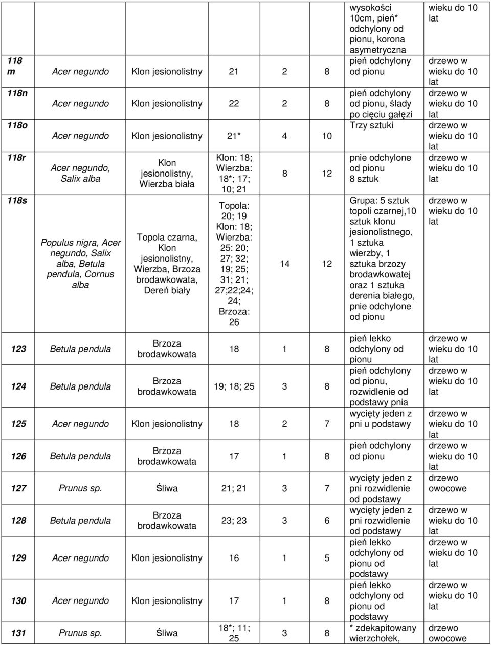 10; 21 Topola: 20; 19 Klon: 18; Wierzba: 25: 20; 27; 32; 19; 25; 31; 21; 27;22;24; 24; : 26 8 12 14 12 18 1 8 19; 18; 25 3 8 125 Acer negundo Klon jesionolistny 18 2 7 126 Betula pendula 17 1 8 127