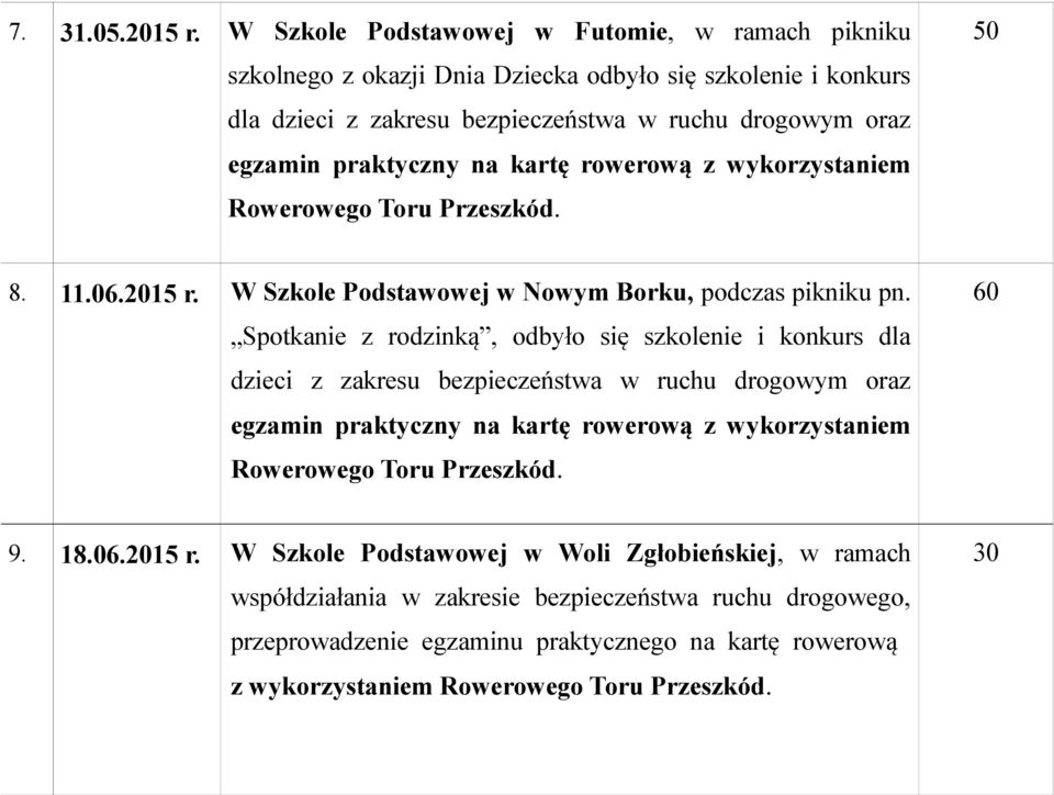 na kartę rowerową z wykorzystaniem Rowerowego Toru Przeszkód. 8. 11.06.2015 r. W Szkole Podstawowej w Nowym Borku, podczas pikniku pn.