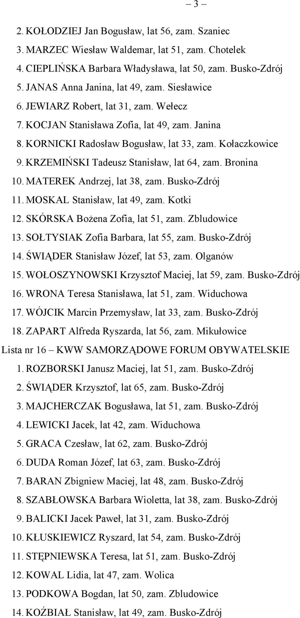 Bronina 10. MATEREK Andrzej, lat 38, zam. Busko-Zdrój 11. MOSKAL Stanisław, lat 49, zam. Kotki 12. SKÓRSKA Bożena Zofia, lat 51, zam. Zbludowice 13. SOŁTYSIAK Zofia Barbara, lat 55, zam.