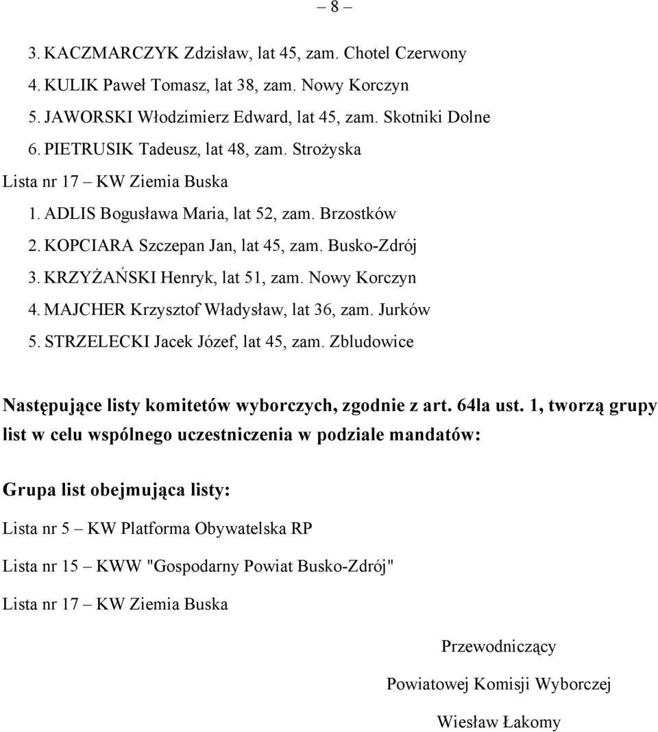 KRZYŻAŃSKI Henryk, lat 51, zam. Nowy Korczyn 4. MAJCHER Krzysztof Władysław, lat 36, zam. Jurków 5. STRZELECKI Jacek Józef, lat 45, zam.