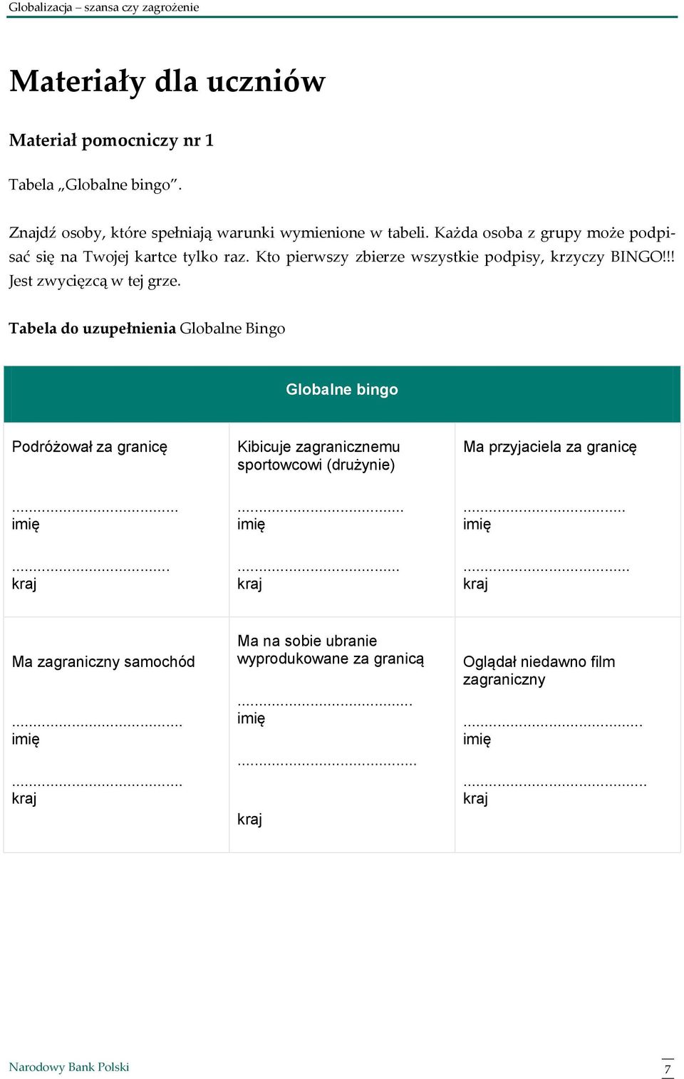 !! Jest zwycięzcą w tej grze. Tabela do uzupełnienia Globalne Bingo Globalne bingo Podróżował za granicę.