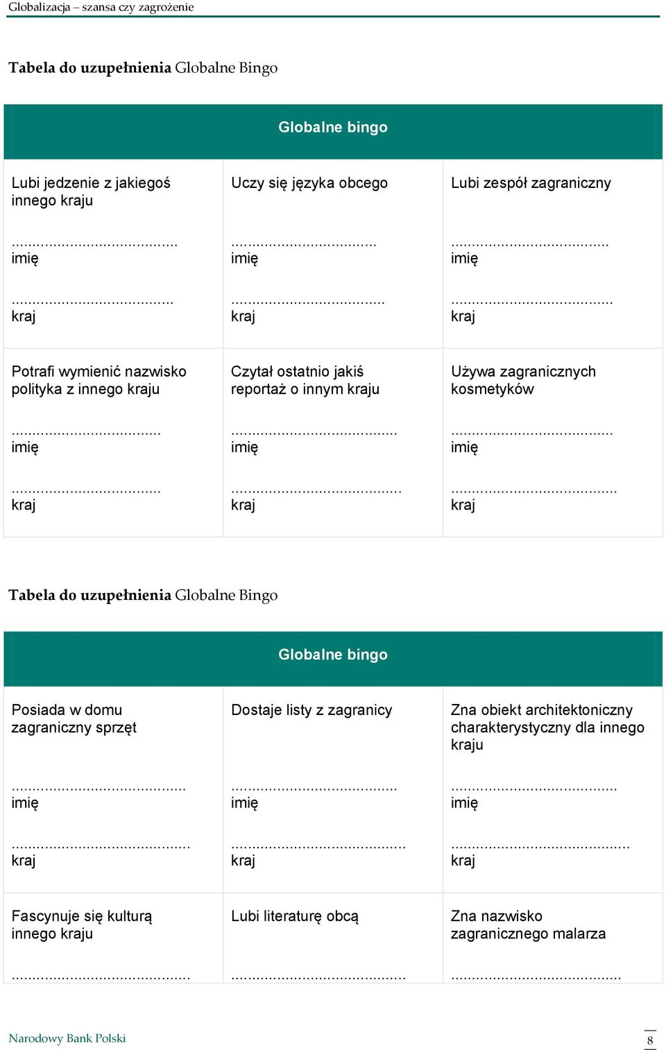 ..... Tabela do uzupełnienia Globalne Bingo Globalne bingo Posiada w domu zagraniczny sprzęt...... Dostaje listy z zagranicy.