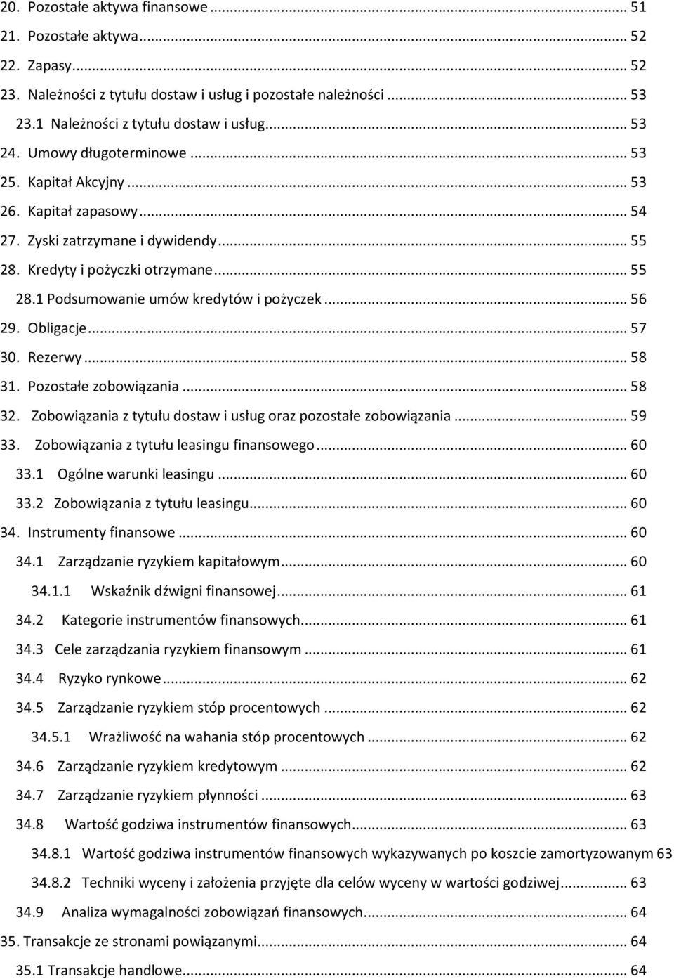 .. 56 29. Obligacje... 57 30. Rezerwy... 58 31. Pozostałe zobowiązania... 58 32. Zobowiązania z tytułu dostaw i usług oraz pozostałe zobowiązania... 59 33. Zobowiązania z tytułu leasingu finansowego.