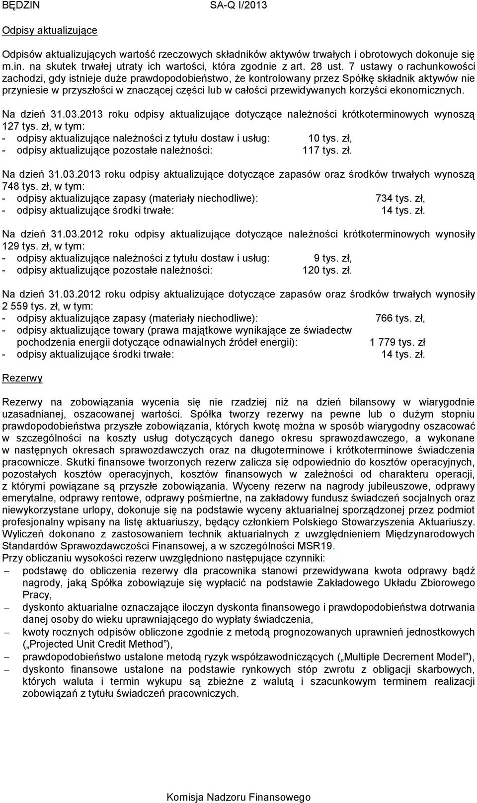 korzyści ekonomicznych. Na dzień 31.03.2013 roku odpisy aktualizujące dotyczące należności krótkoterminowych wynoszą 127 tys.