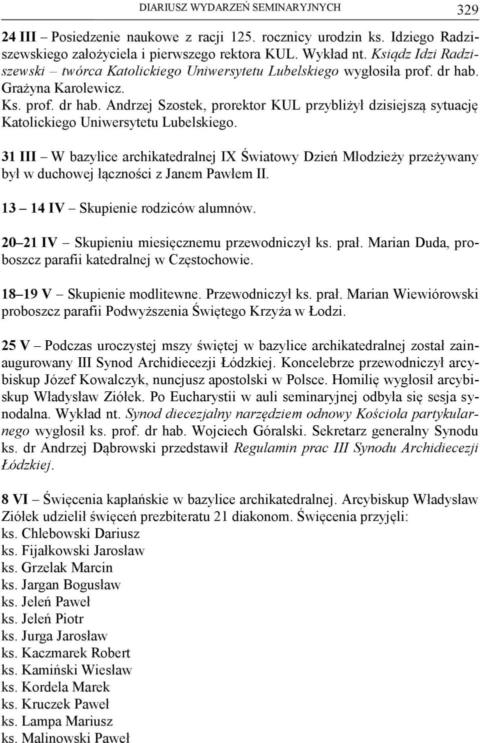 31 III W bazylice archikatedralnej IX Światowy Dzień Młodzieży przeżywany był w duchowej łączności z Janem Pawłem II. 13 14 IV Skupienie rodziców alumnów.