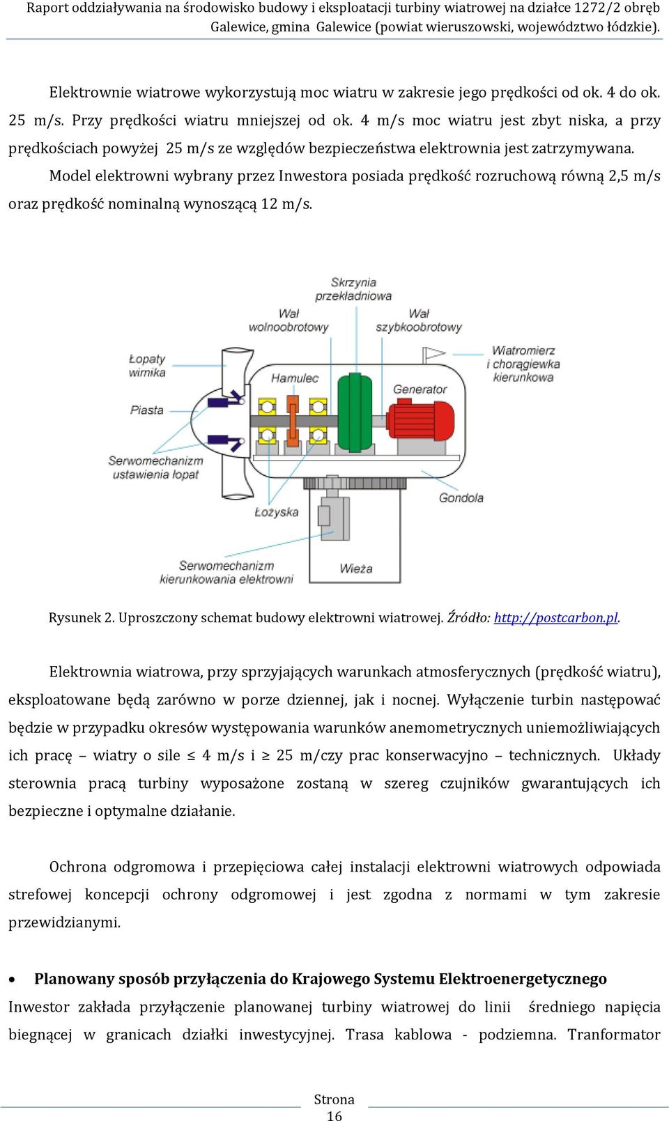 Model elektrowni wybrany przez Inwestora posiada prędkość rozruchową równą 2,5 m/s oraz prędkość nominalną wynoszącą 12 m/s. Rysunek 2. Uproszczony schemat budowy elektrowni wiatrowej.