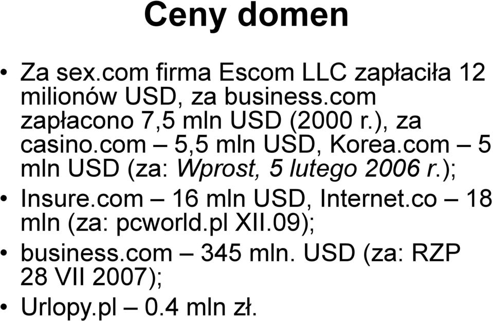 com 5 mln USD (za: Wprost, 5 lutego 2006 r.); Insure.com 16 mln USD, Internet.