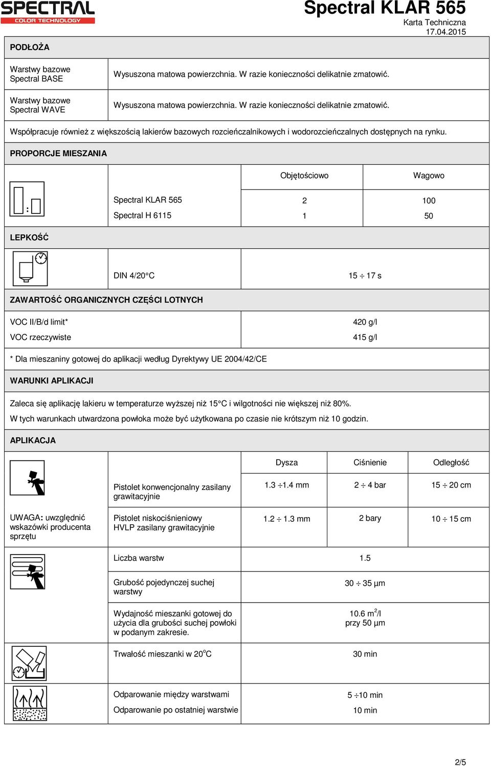 PROPORCJE MIESZANIA Objętościowo Wagowo 2 1 100 50 LEPKOŚĆ DIN 4/20 C 15 17 s ZAWARTOŚĆ ORGANICZNYCH CZĘŚCI LOTNYCH VOC II/B/d limit* VOC rzeczywiste 420 g/l 415 g/l * Dla mieszaniny gotowej do