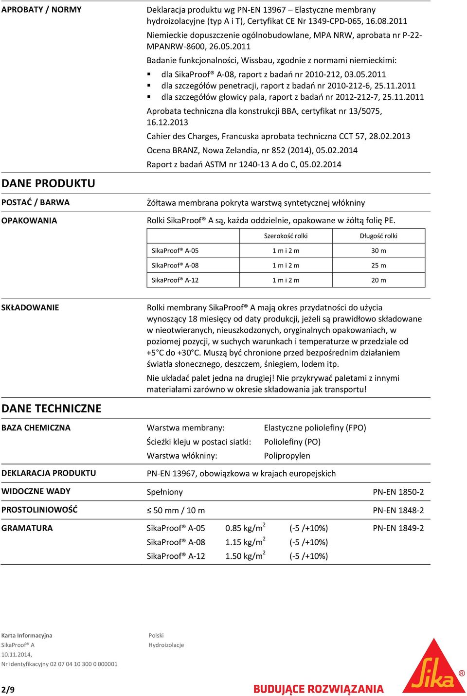 05.2011 dla szczegółów penetracji, raport z badań nr 2010 212 6, 25.11.2011 dla szczegółów głowicy pala, raport z badań nr 2012 212 7, 25.11.2011 Aprobata techniczna dla konstrukcji BBA, certyfikat nr 13/5075, 16.