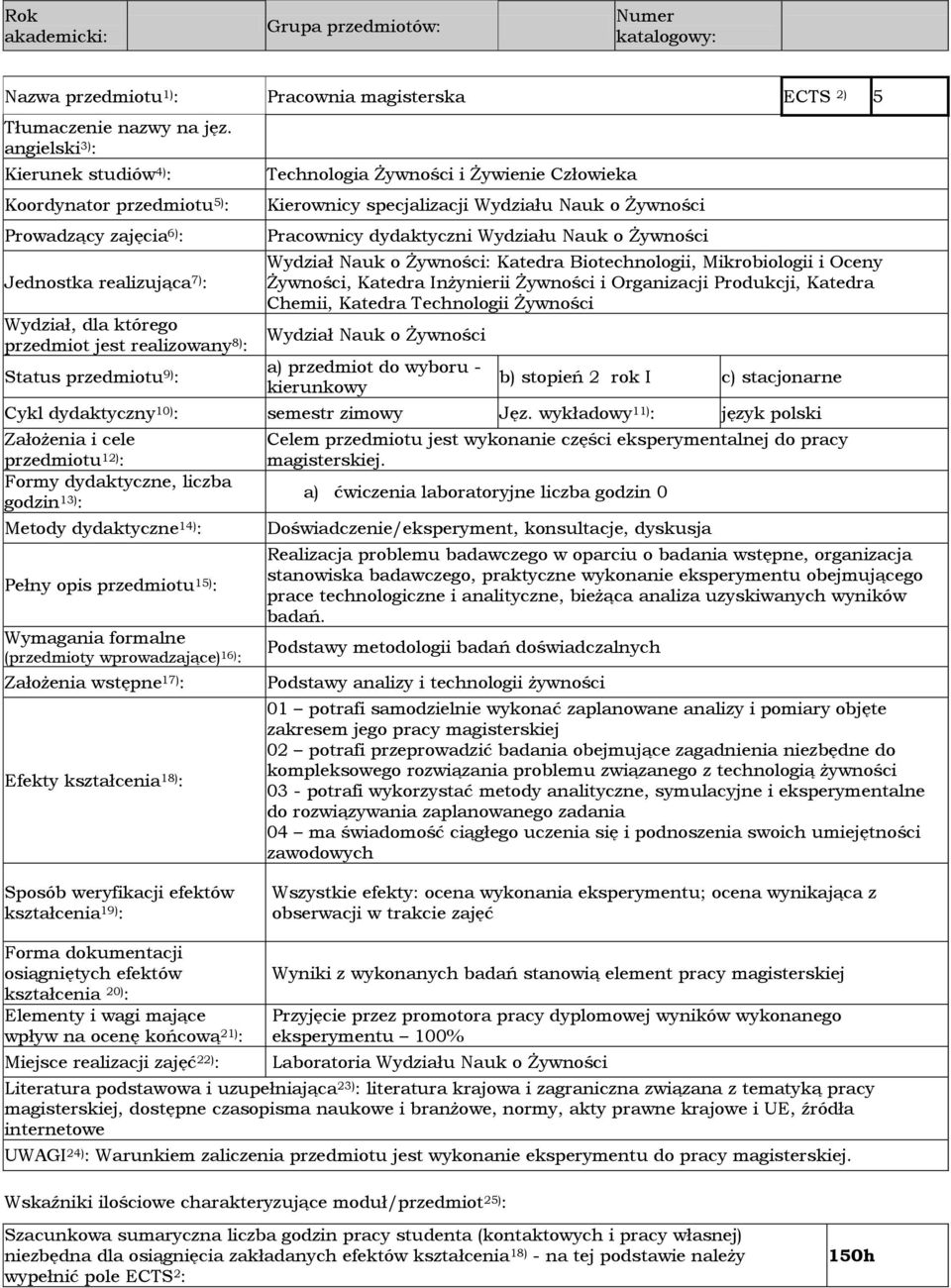 Technologia Żywności i Żywienie Człowieka Kierownicy specjalizacji Wydziału Nauk o Żywności Pracownicy dydaktyczni Wydziału Nauk o Żywności Wydział Nauk o Żywności: Katedra Biotechnologii,