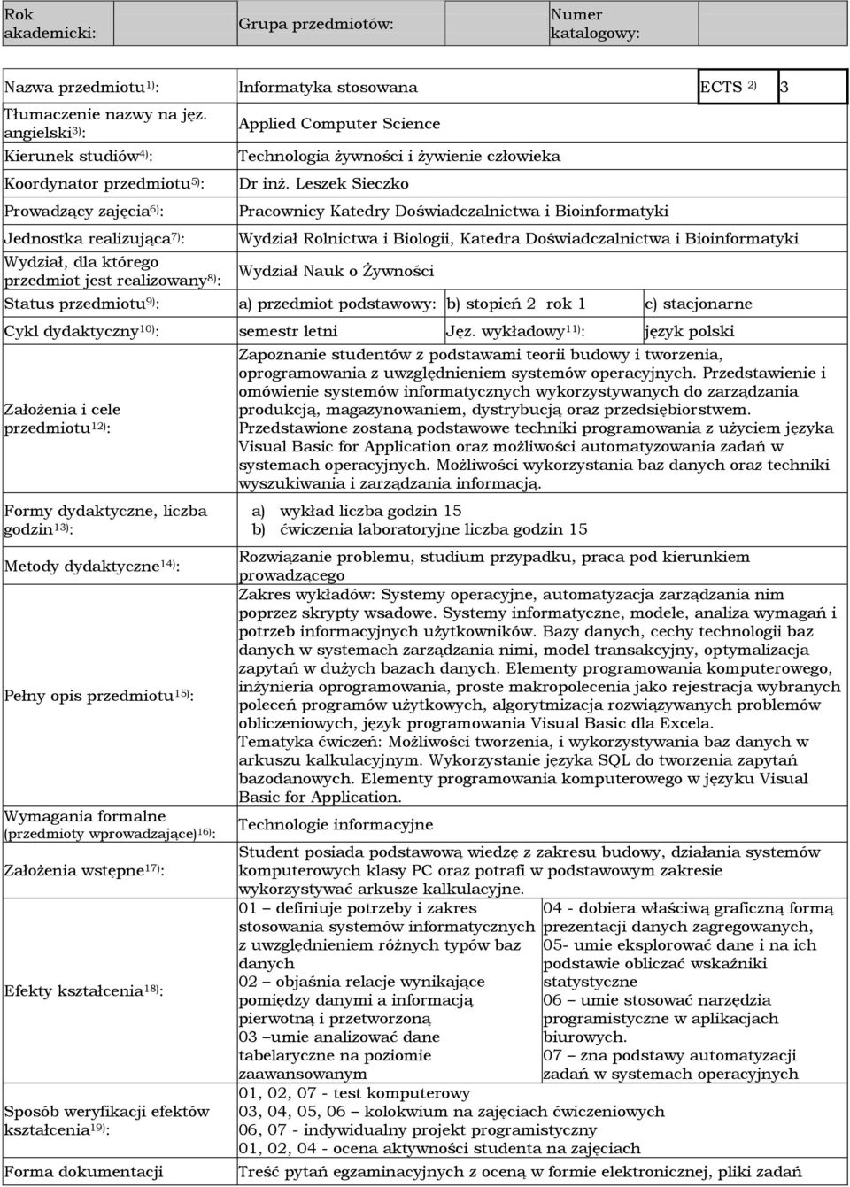 Technologia żywności i żywienie człowieka Dr inż.