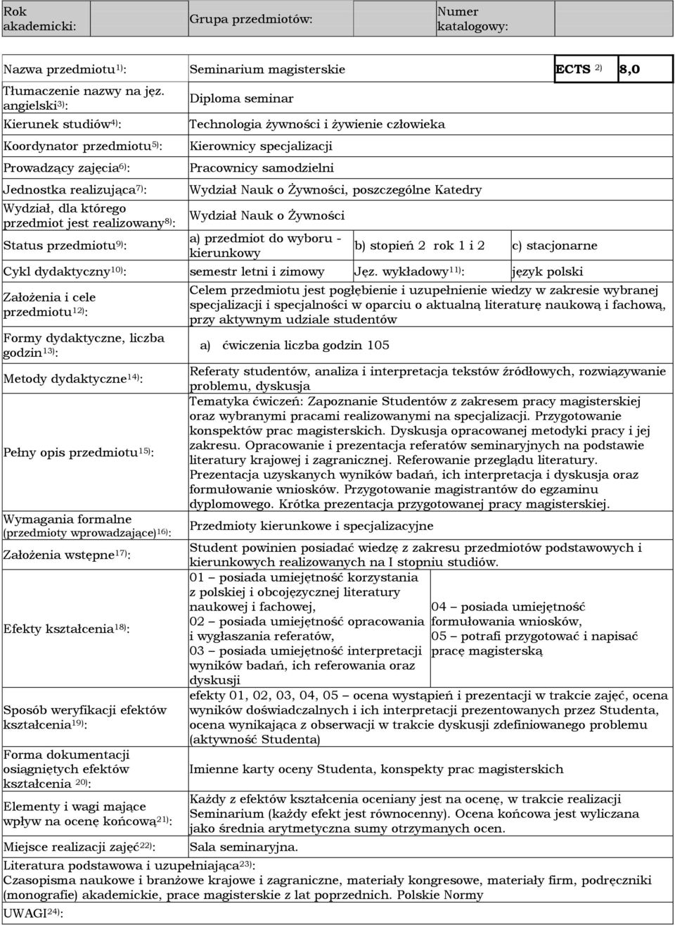 seminar Technologia żywności i żywienie człowieka Kierownicy specjalizacji Pracownicy samodzielni Wydział Nauk o Żywności, poszczególne Katedry Wydział Nauk o Żywności a) przedmiot do wyboru -