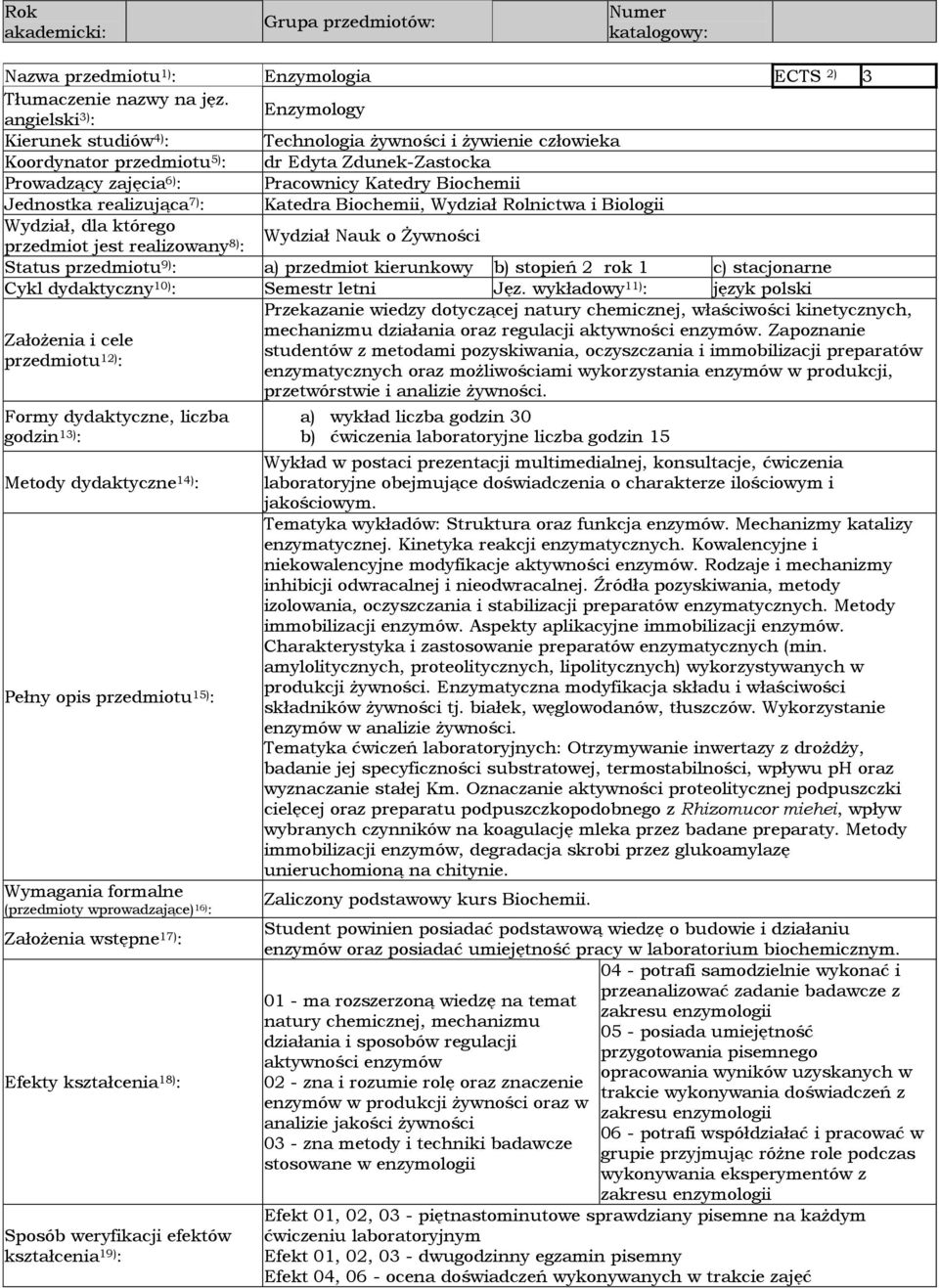 Jednostka realizująca 7) : Katedra Biochemii, Wydział Rolnictwa i Biologii Wydział, dla którego przedmiot jest realizowany 8) : Wydział Nauk o Żywności Status przedmiotu 9) : a) przedmiot kierunkowy