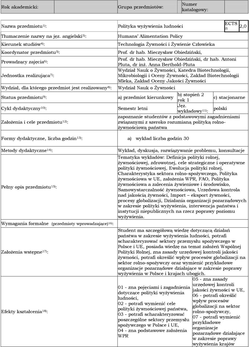 Humans Alimentation Policy Technologia Żywności i Żywienie Człowieka Prof. dr hab. Mieczysław Obiedziński, ECTS 2) Prof. dr hab. Mieczysław Obiedziński, dr hab. Antoni Pluta, dr inż.