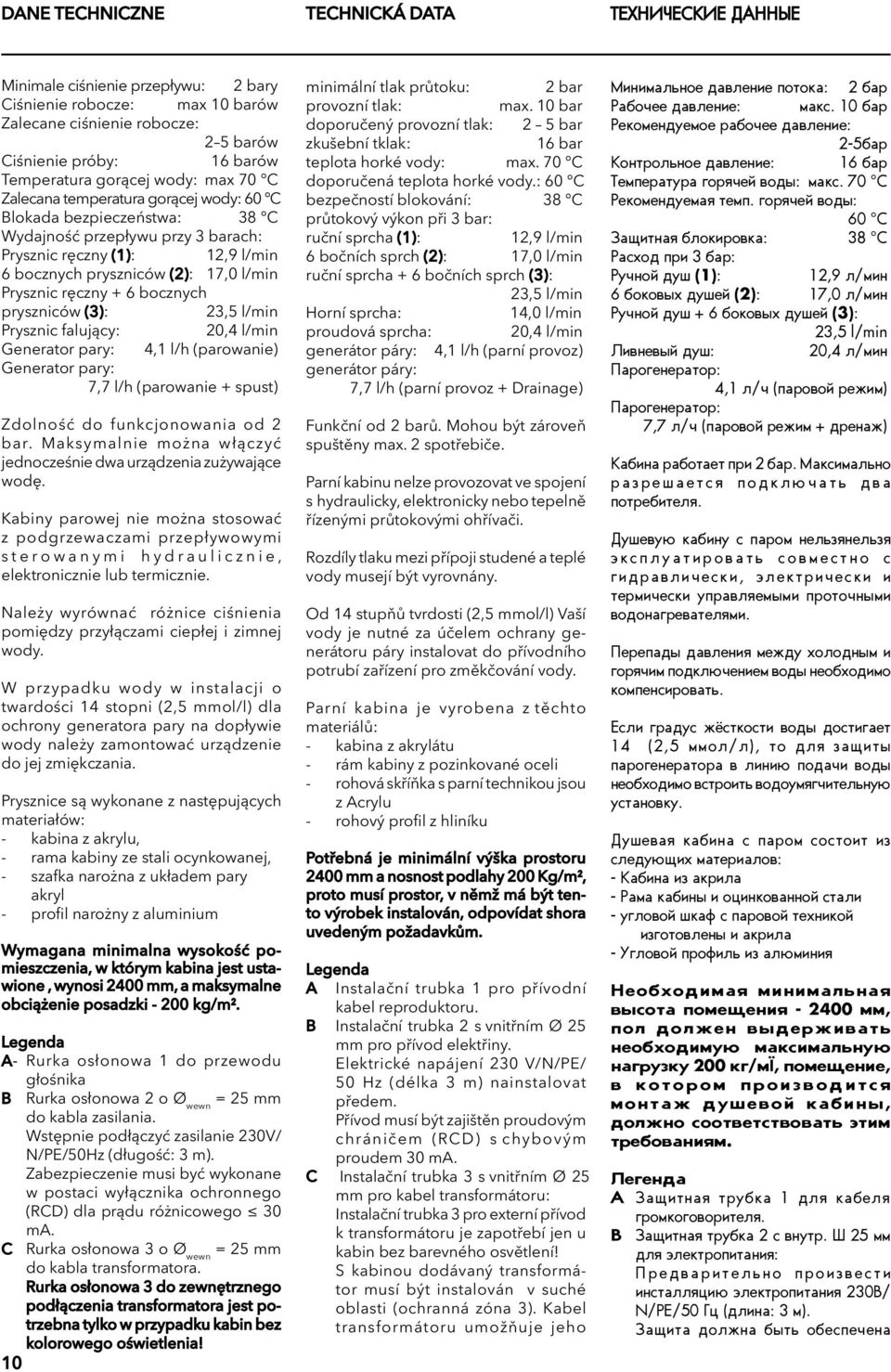 Prysznic ręczny + 6 bocznych pryszniców (3): 23,5 l/min Prysznic falujący: 20,4 l/min Generator pary: 4, l/h (parowanie) Generator pary: 7,7 l/h (parowanie + spust) Zdolność do funkcjonowania od 2