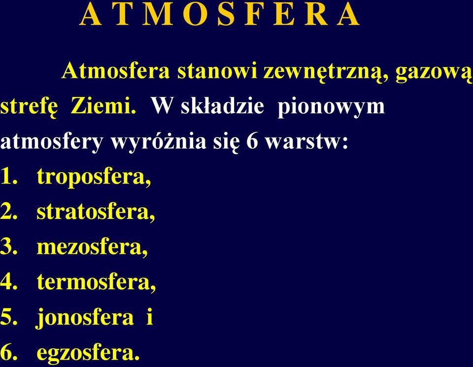 W składzie pionowym atmosfery wyróżnia się 6 warstw: