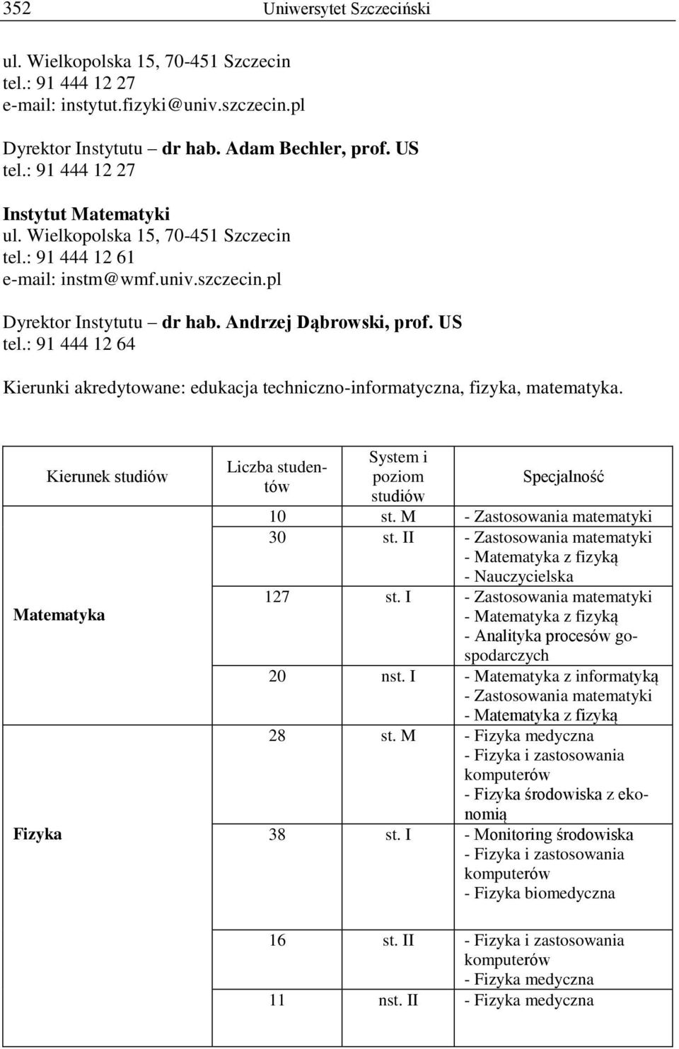 : 91 444 12 64 Kierunki akredytowane: edukacja techniczno-informatyczna, fizyka, matematyka. Matematyka Fizyka poziom 10 st. M - Zastosowania matematyki 30 st.