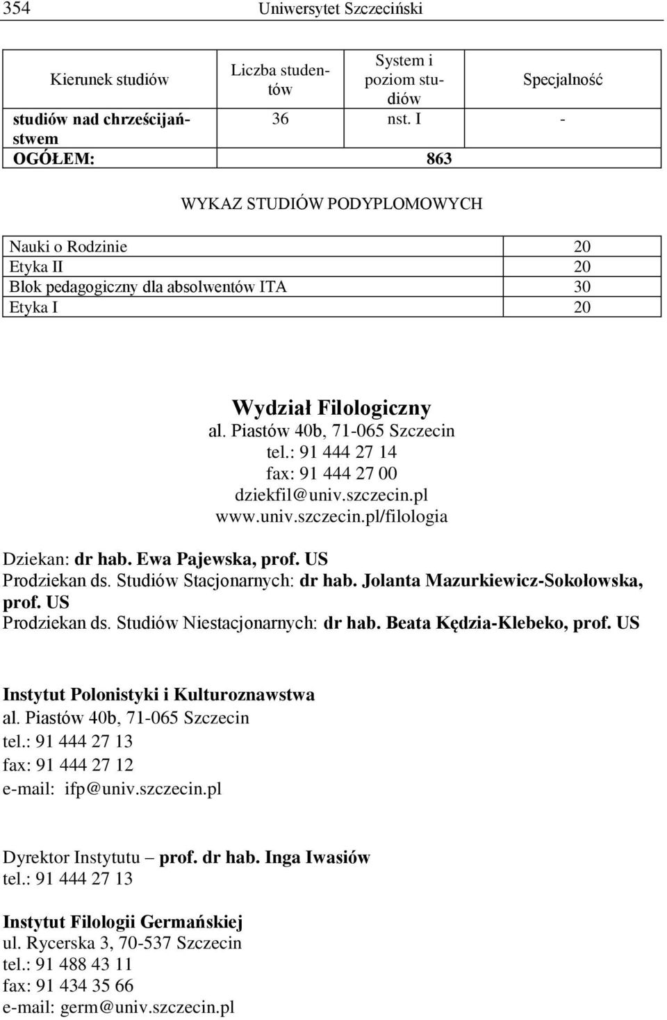 : 91 444 27 14 fax: 91 444 27 00 dziekfil@univ.szczecin.pl www.univ.szczecin.pl/filologia Dziekan: dr hab. Ewa Pajewska, prof. US Prodziekan ds. Studiów Stacjonarnych: dr hab.