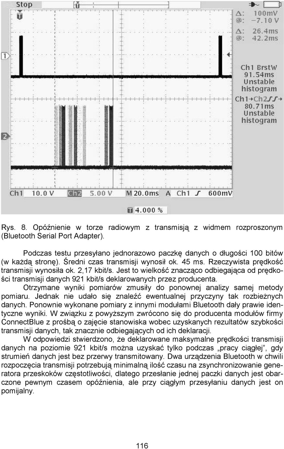 Jest to wielkość znacząco odbiegająca od prędkości transmisji danych 921 kbit/s deklarowanych przez producenta. Otrzymane wyniki pomiarów zmusiły do ponownej analizy samej metody pomiaru.