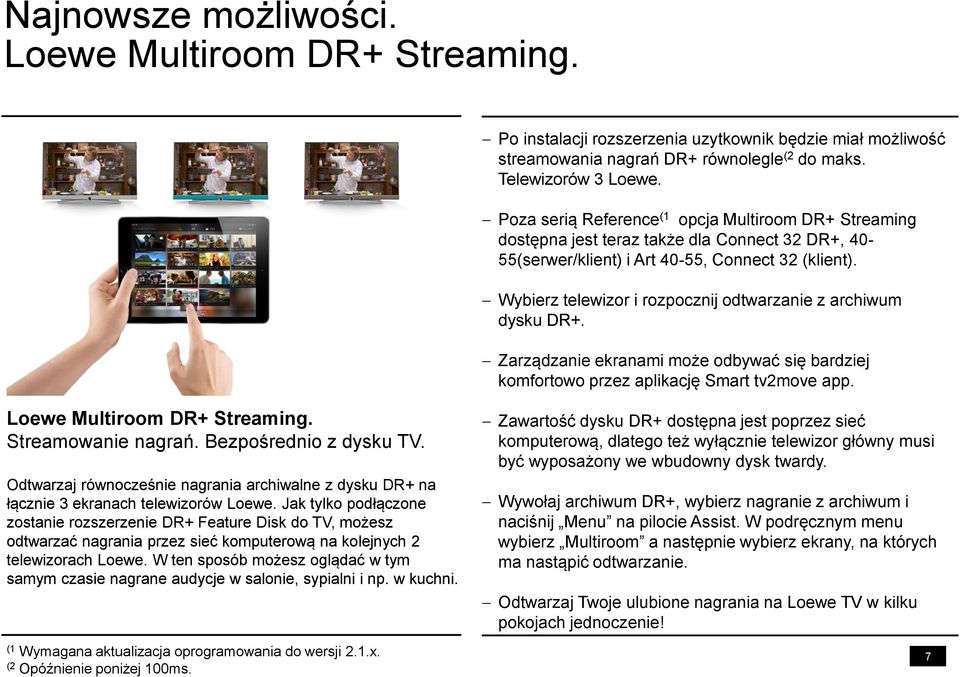 Wybierz telewizor i rozpocznij odtwarzanie z archiwum dysku DR+. Zarządzanie ekranami może odbywać się bardziej komfortowo przez aplikację Smart tv2move app. Loewe Multiroom DR+ Streaming.