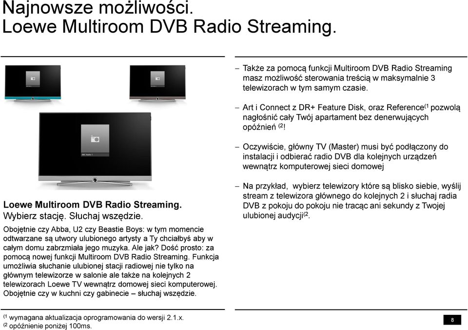 Oczywiście, główny TV (Master) musi być podłączony do instalacji i odbierać radio DVB dla kolejnych urządzeń wewnątrz komputerowej sieci domowej Loewe Multiroom DVB Radio Streaming. Wybierz stację.