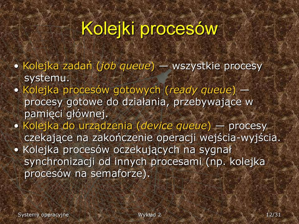 Kolejka do urządzenia (device queue) procesy czekające na zakończenie operacji wejścia-wyjścia.