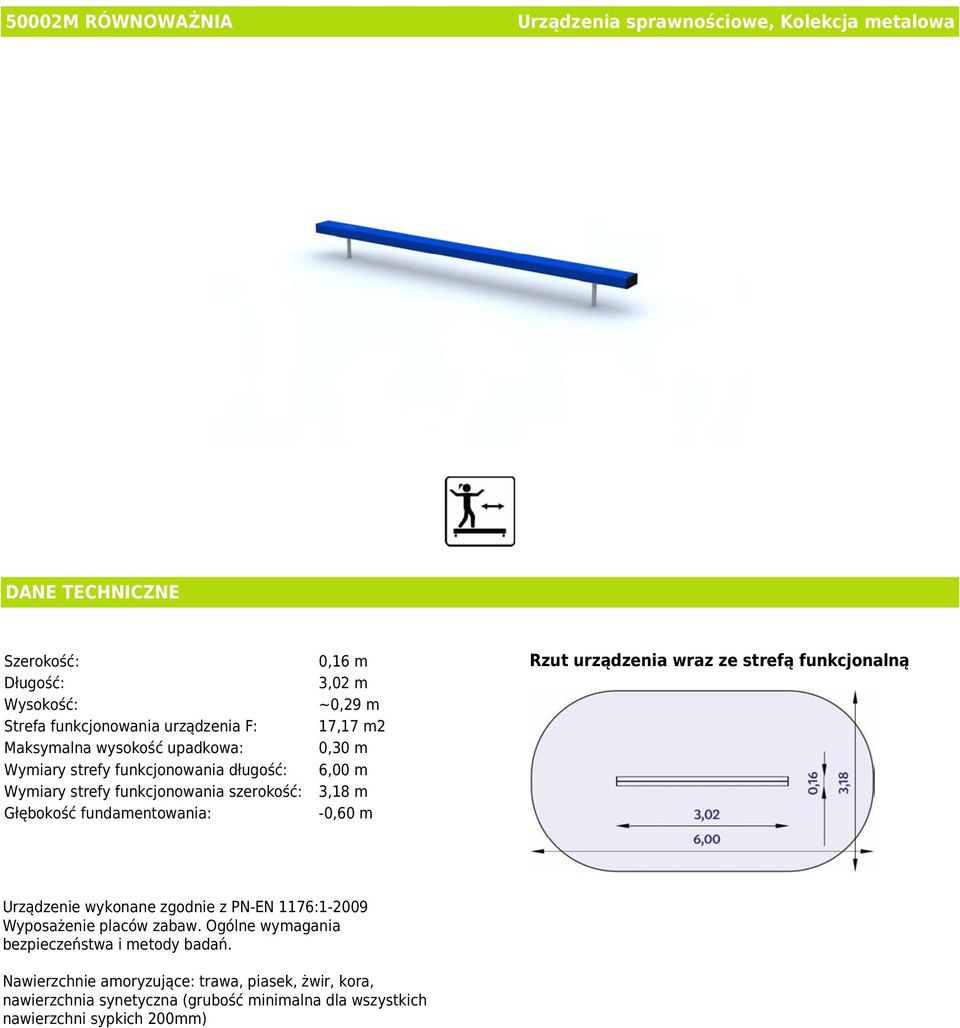 Głębokość fundamentowania: -0,60 m Rzut urządzenia wraz ze strefą funkcjonalną Urządzenie wykonane zgodnie z PN-EN 1176:1-2009 Wyposażenie placów zabaw.