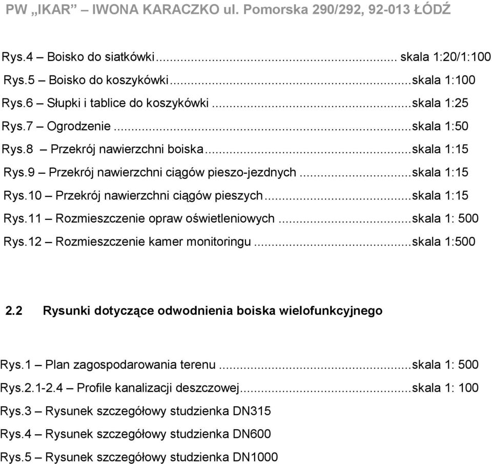 .. skala 1: 500 Rys.12 Rozmieszczenie kamer monitoringu... skala 1:500 2.2 Rysunki dotyczące odwodnienia boiska wielofunkcyjnego Rys.1 Plan zagospodarowania terenu... skala 1: 500 Rys.2.1-2.