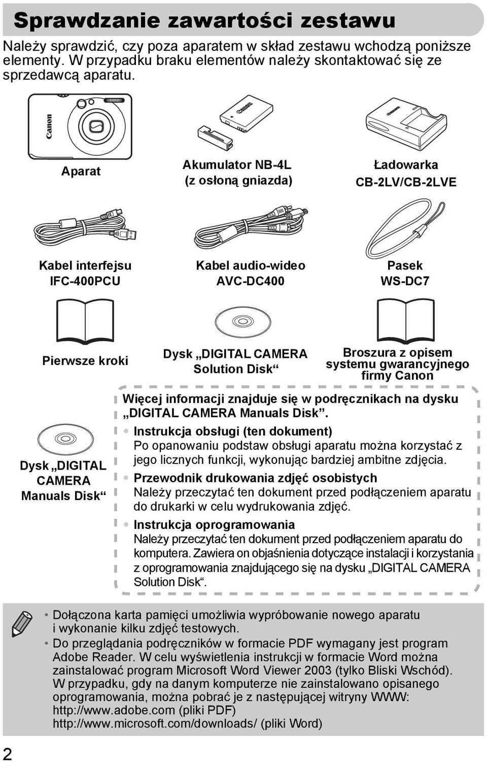 CAMERA Solution Disk Broszura z opisem systemu gwarancyjnego firmy Canon Więcej informacji znajduje się w podręcznikach na dysku DIGITAL CAMERA Manuals Disk.