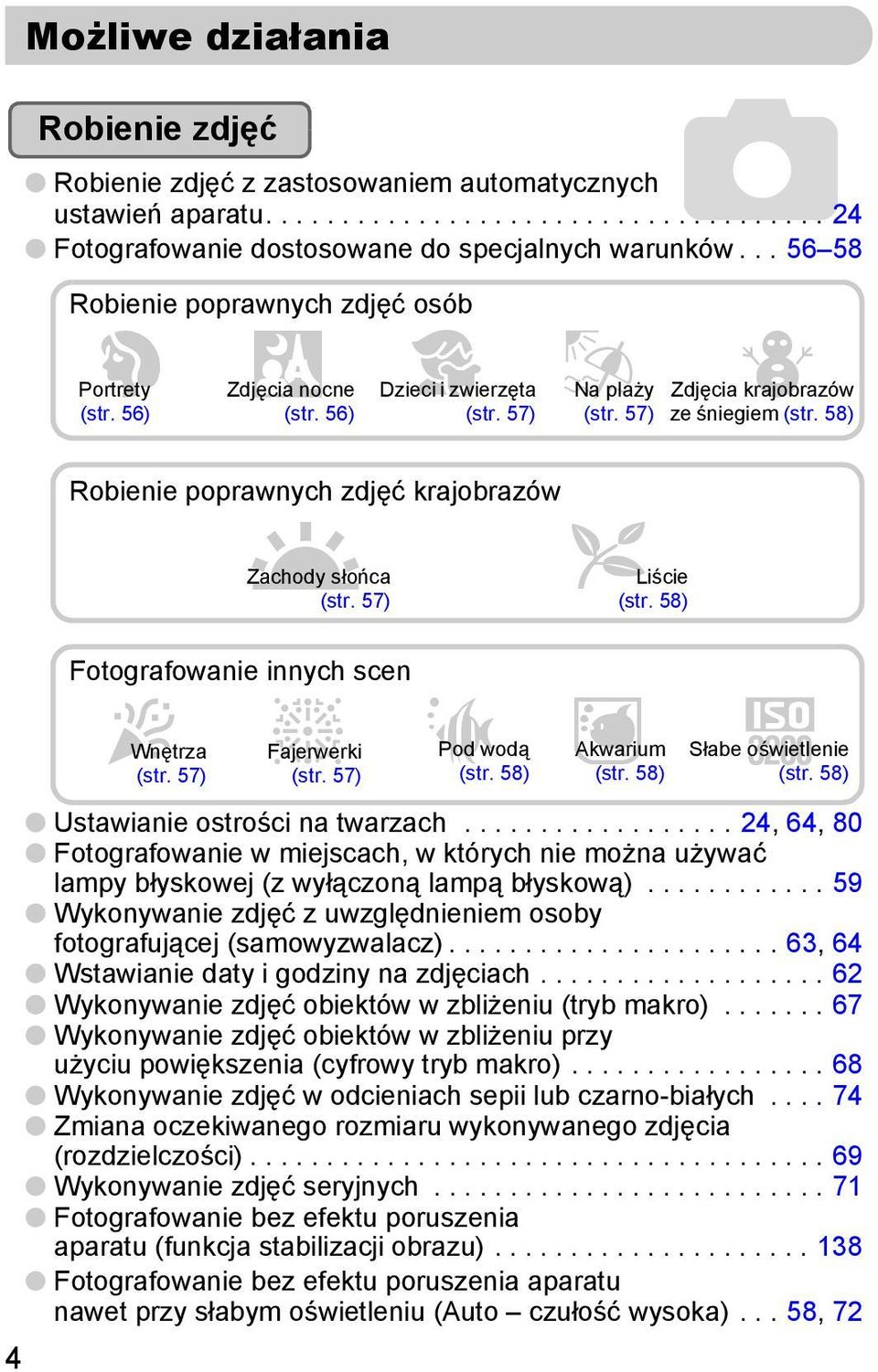 57) Fotografowanie innych scen SPod wodą (str. 58) Zdjęcia krajobrazów (str. 57) ze śniegiem (str. 58) O Liście (str. 58) yakwarium (str. 58) Słabe Zoświetlenie (str.