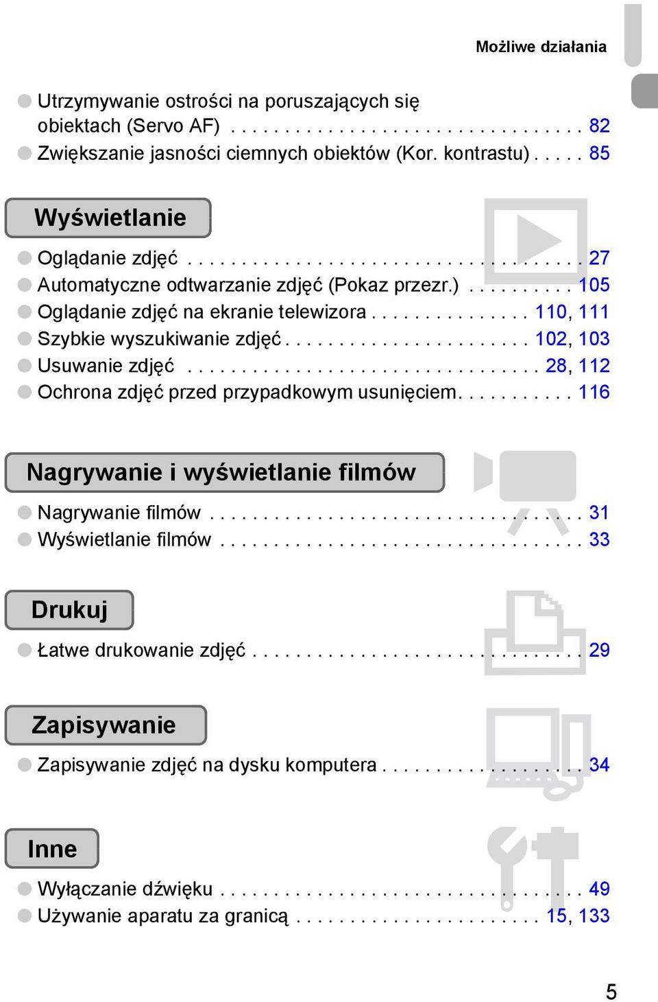 .............. 110, 111 Szybkie wyszukiwanie zdjęć....................... 102, 103 Usuwanie zdjęć................................. 28, 112 Ochrona zdjęć przed przypadkowym usunięciem.