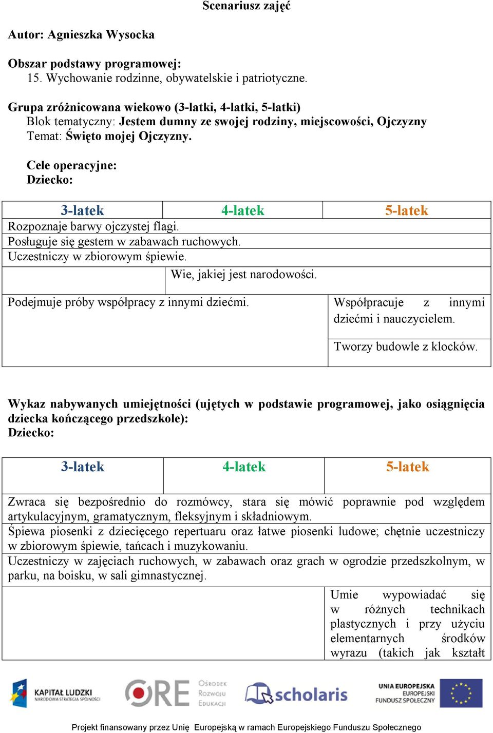 Cele operacyjne: Dziecko: 3-latek 4-latek 5-latek Rozpoznaje barwy ojczystej flagi. Posługuje się gestem w zabawach ruchowych. Uczestniczy w zbiorowym śpiewie. Wie, jakiej jest narodowości.