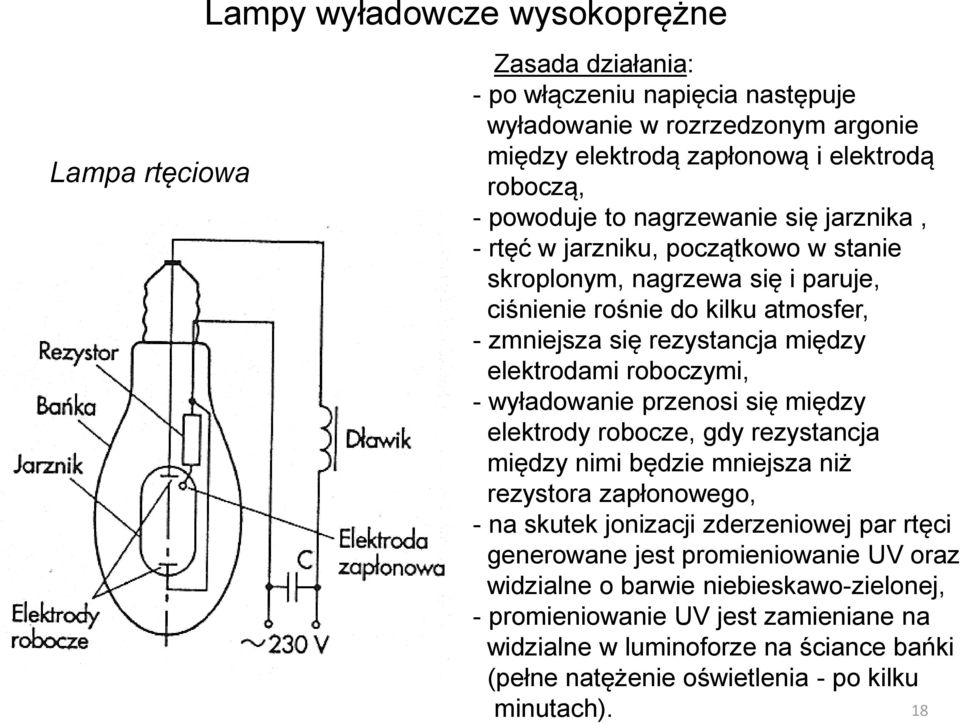 roboczymi, - wyładowanie przenosi się między elektrody robocze, gdy rezystancja między nimi będzie mniejsza niż rezystora zapłonowego, - na skutek jonizacji zderzeniowej par rtęci generowane