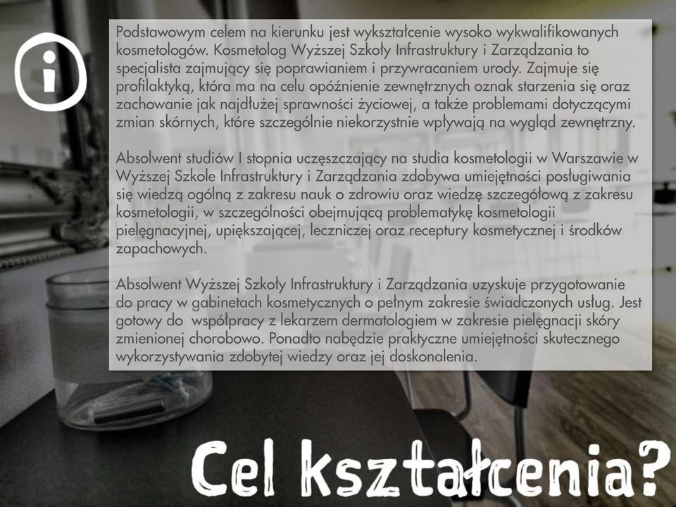 Zajmuje się profilaktyką, która ma na celu opóźnienie zewnętrznych oznak starzenia się oraz zachowanie jak najdłużej sprawności życiowej, a także problemami dotyczącymi zmian skórnych, które