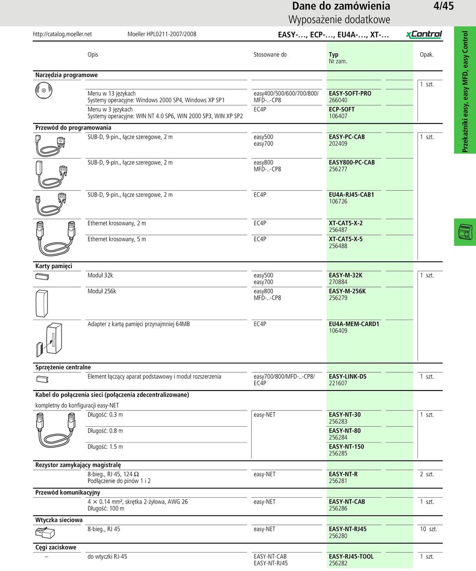 , łącze szeregowe, 2 m easy00/500/600/700/800/ EASY-, ECP-, EUA-, XT- EASY-SOFT-PRO 26600 ECP-SOFT 0607 EASY-PC-CAB 20209 /5 SUB-D, 9-pin., łącze szeregowe, 2 m EASY800-PC-CAB 256277 SUB-D, 9-pin.