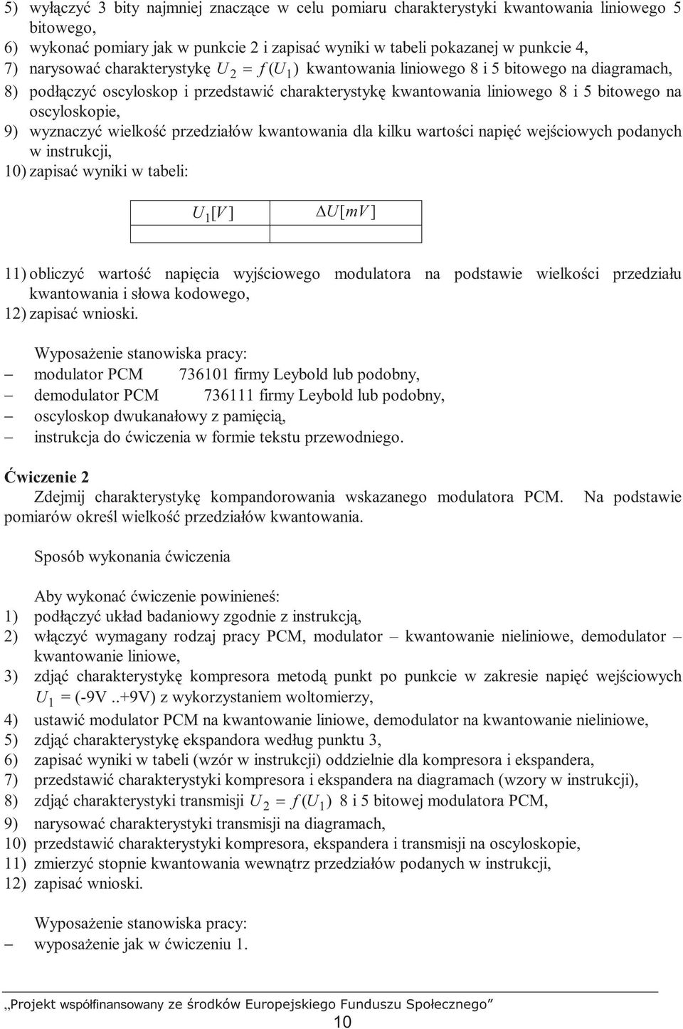 wielkość przedziałów kwantowania dla kilku wartości napięć wejściowych podanych w instrukcji, 0) zapisać wyniki w tabeli: U [ ] U[mV ] V ) obliczyć wartość napięcia wyjściowego modulatora na