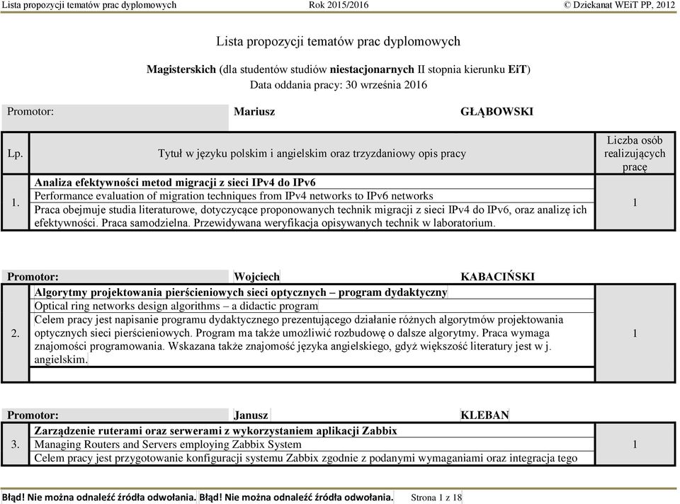 . Tytuł w języku polskim i angielskim oraz trzyzdaniowy opis pracy Analiza efektywności metod migracji z sieci IPv4 do IPv6 Performance evaluation of migration techniques from IPv4 networks to IPv6