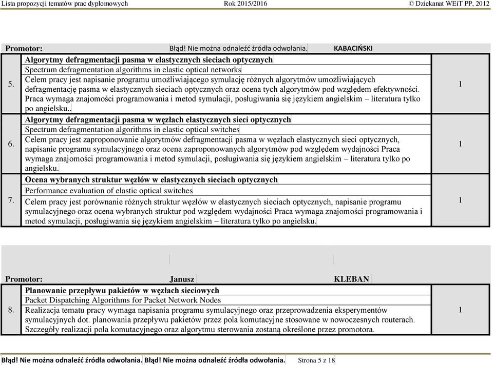 symulację różnych algorytmów umożliwiających 5. defragmentację pasma w elastycznych sieciach optycznych oraz ocena tych algorytmów pod względem efektywności.