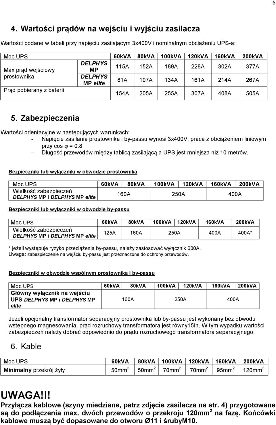 Zabezpieczenia Wartości orientacyjne w następujących warunkach: - Napięcie zasilania prostownika i by-passu wynosi 3x400V, praca z obciążeniem liniowym przy cos ϕ = 0.