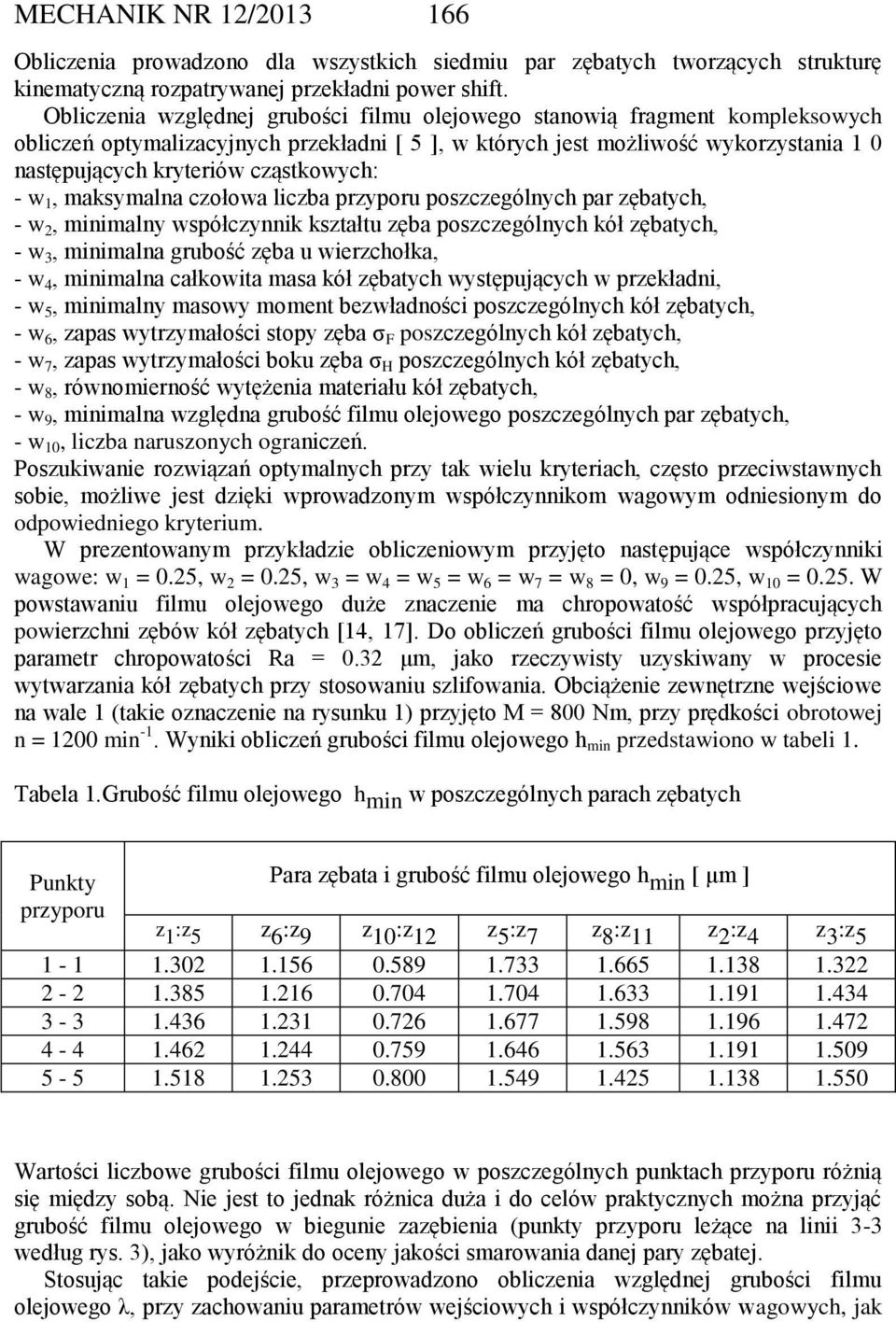 cząstkowych: - w 1, maksymalna czołowa liczba przyporu poszczególnych par zębatych, - w 2, minimalny współczynnik kształtu zęba poszczególnych kół zębatych, - w 3, minimalna grubość zęba u