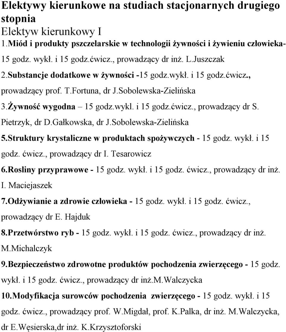 Pietrzyk, dr D.Gałkowska, dr J.SobolewskaZielińska 5.Struktury krystaliczne w produktach spożywczych godz. wykł. i godz. ćwicz., prowadzący dr. Tesarowicz 6.Rosliny przyprawowe godz. wykł. i godz. ćwicz., prowadzący dr inż.