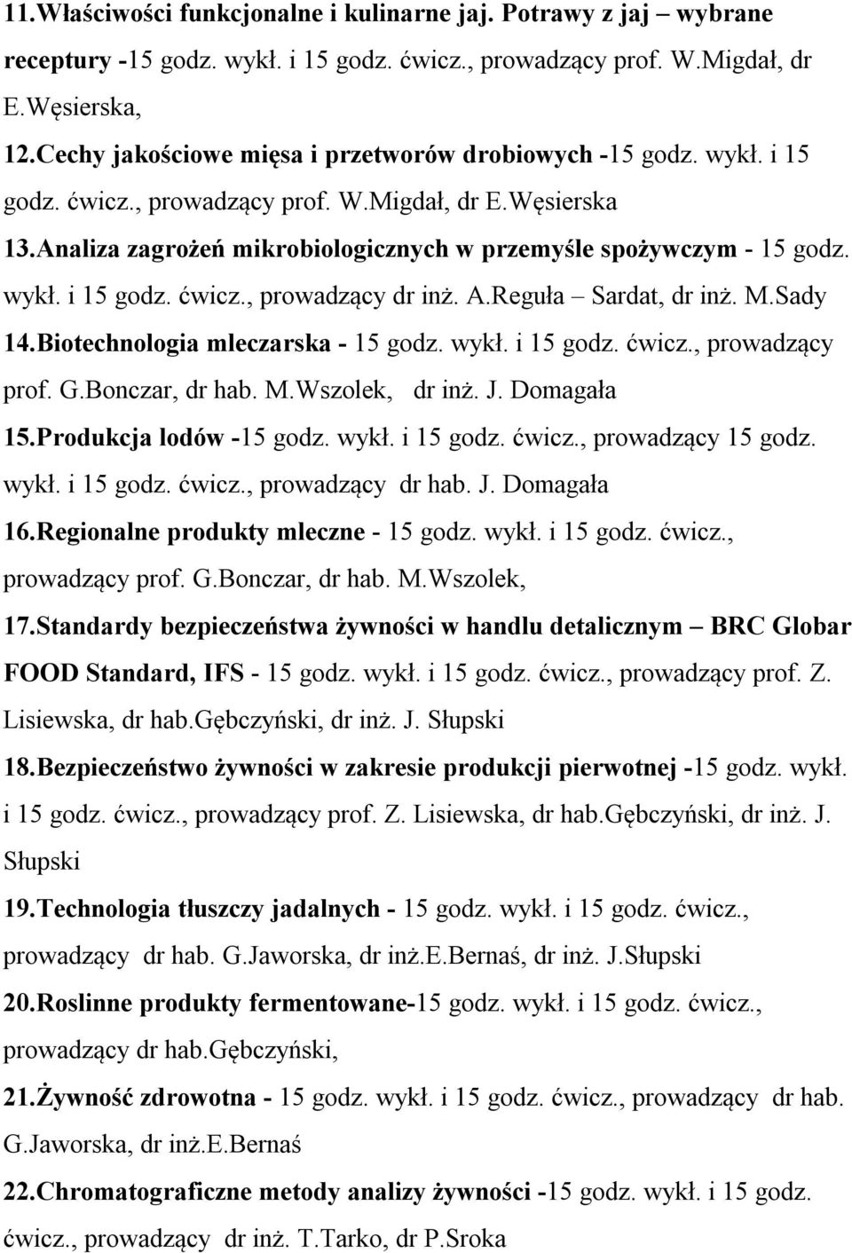 A.Reguła Sardat, dr inż. M.Sady 14.Biotechnologia mleczarska godz. wykł. i godz. ćwicz., prowadzący prof. G.Bonczar, dr hab. M.Wszolek, dr inż. J. Domagała.Produkcja lodów godz. wykł. i godz. ćwicz., prowadzący godz.