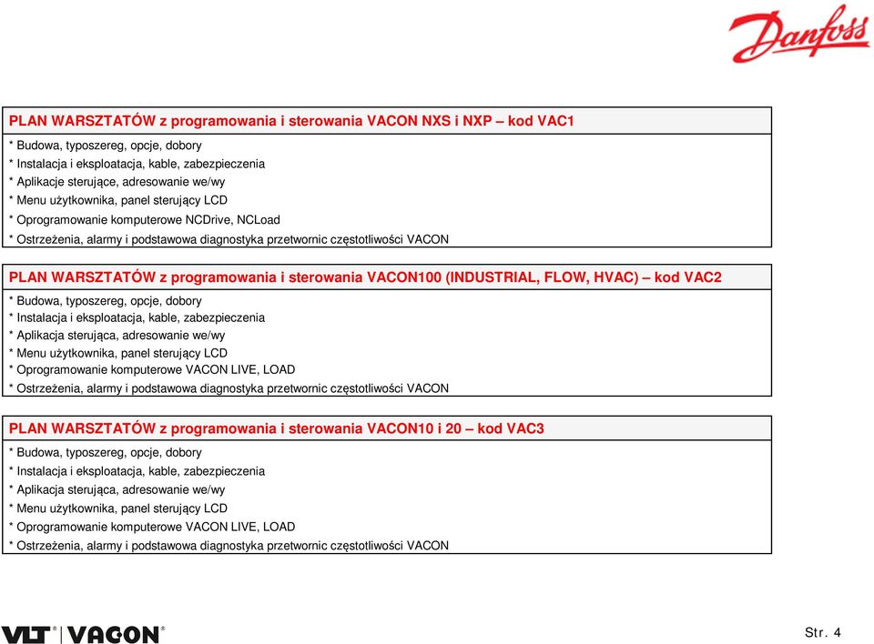 kod VAC2 * Aplikacja steruj ca, adresowanie we/wy * Oprogramowanie komputerowe VACON LIVE, LOAD PLAN WARSZTATÓW z