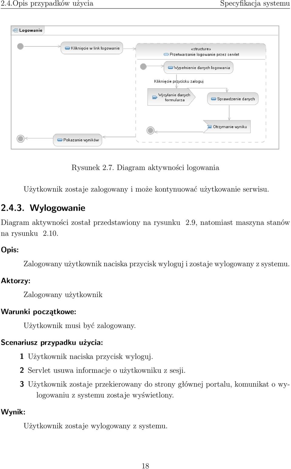 Opis: Zalogowany użytkownik naciska przycisk wyloguj i zostaje wylogowany z systemu. Aktorzy: Zalogowany użytkownik Warunki początkowe: Użytkownik musi być zalogowany.