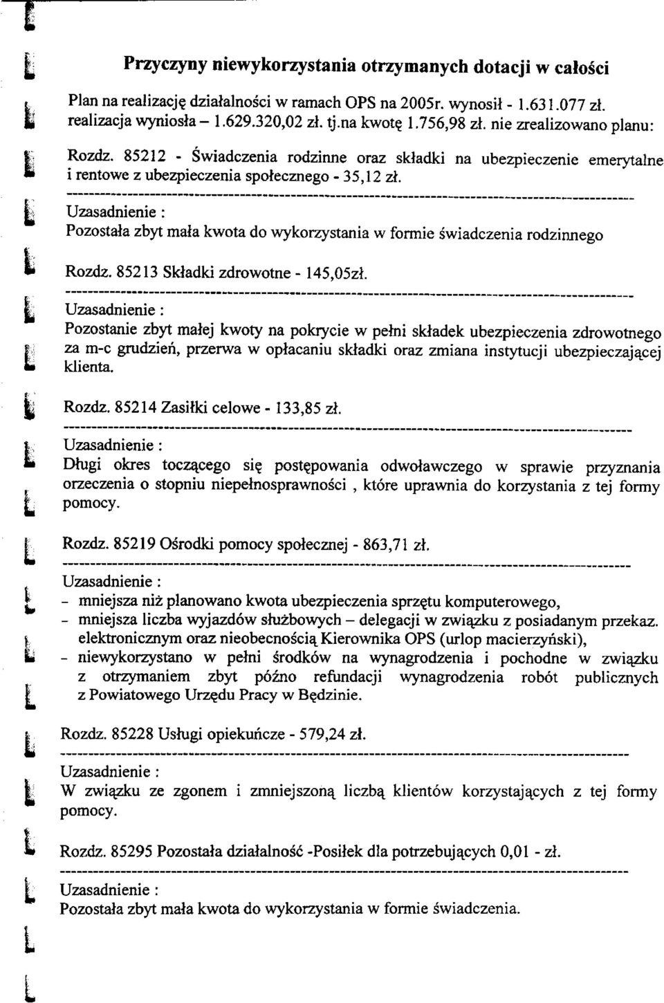 jb Uzasadnienie: Pozostala zbyt mala kwota do wykorzystania w formie swiadczenia rodzinnego Rozdz. 8513 Skladki zdrowotne - 145,05zt. I.