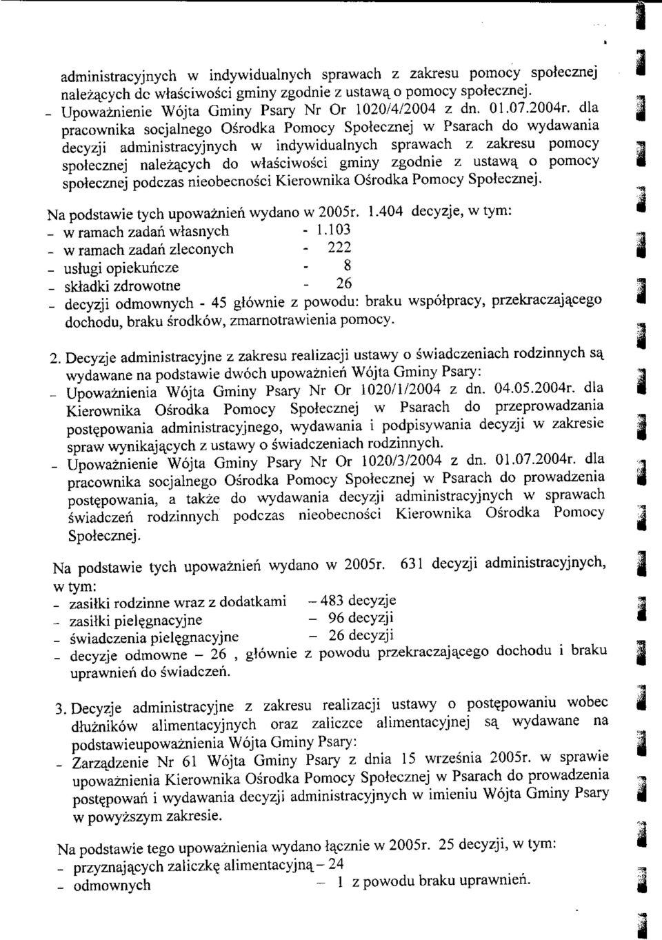 dla pracownika socjalnego Osrodka Pomocy Spolecznej w Psarach do wydawania decyzji administracyjnych w indywidualnych sprawach z zakresu pomocy spotecznej nalezacych do wtasciwosci gminy zgodnie z