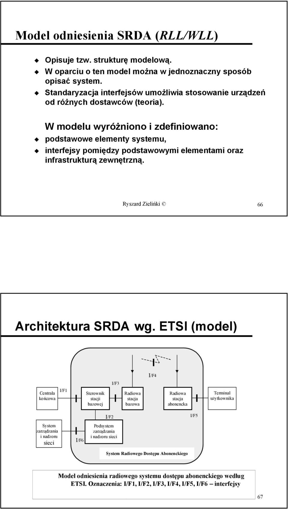 W modelu wyróżniono i zdefiniowano: podstawowe elementy systemu, interfejsy pomiędzy podstawowymi elementami oraz infrastrukturą zewnętrzną. Ryszard Zielińki 66 Architektura SRDA wg.