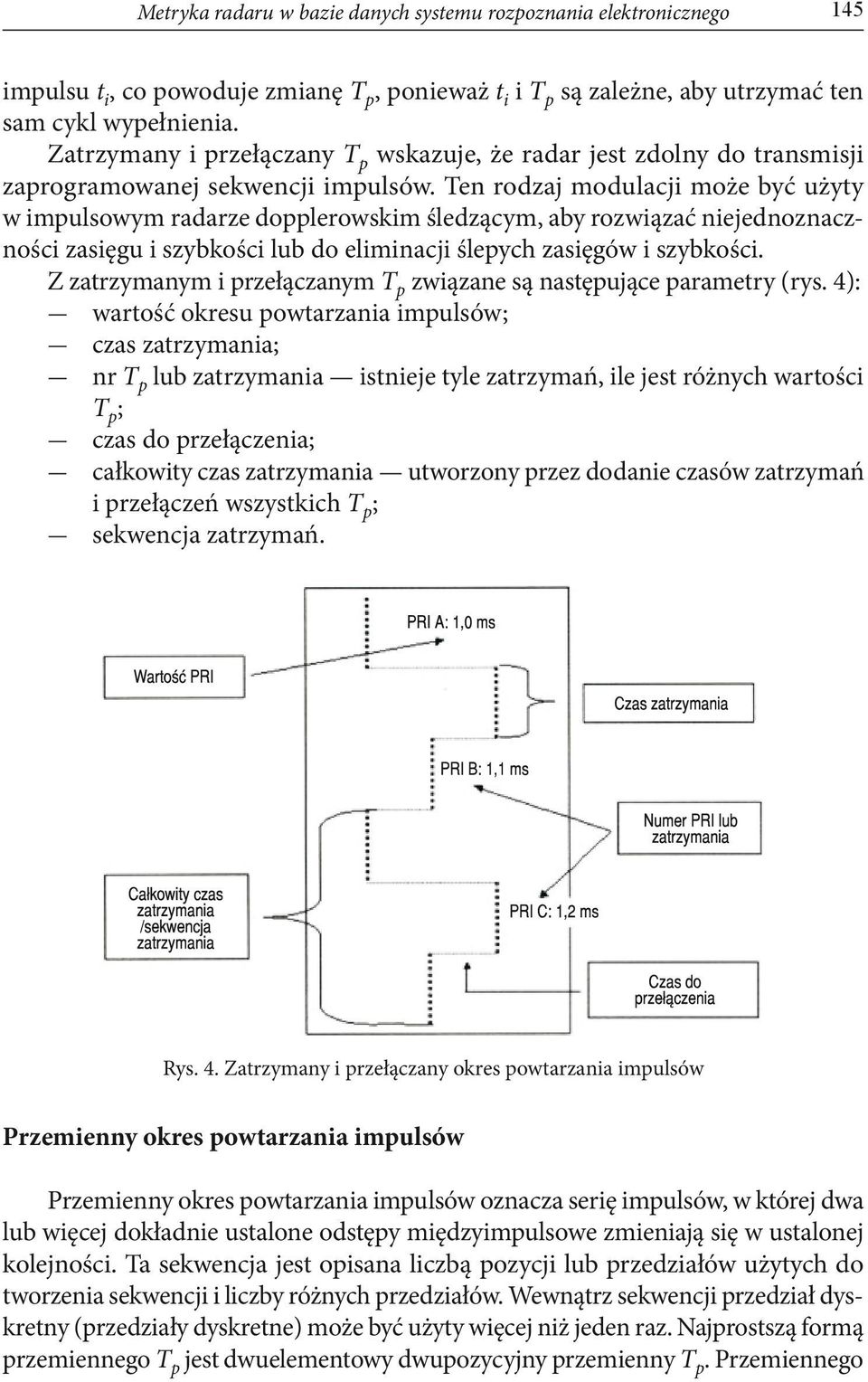 Ten rodzaj modulacji może być użyty w impulsowym radarze dopplerowskim śledzącym, aby rozwiązać niejednoznaczności zasięgu i szybkości lub do eliminacji ślepych zasięgów i szybkości.