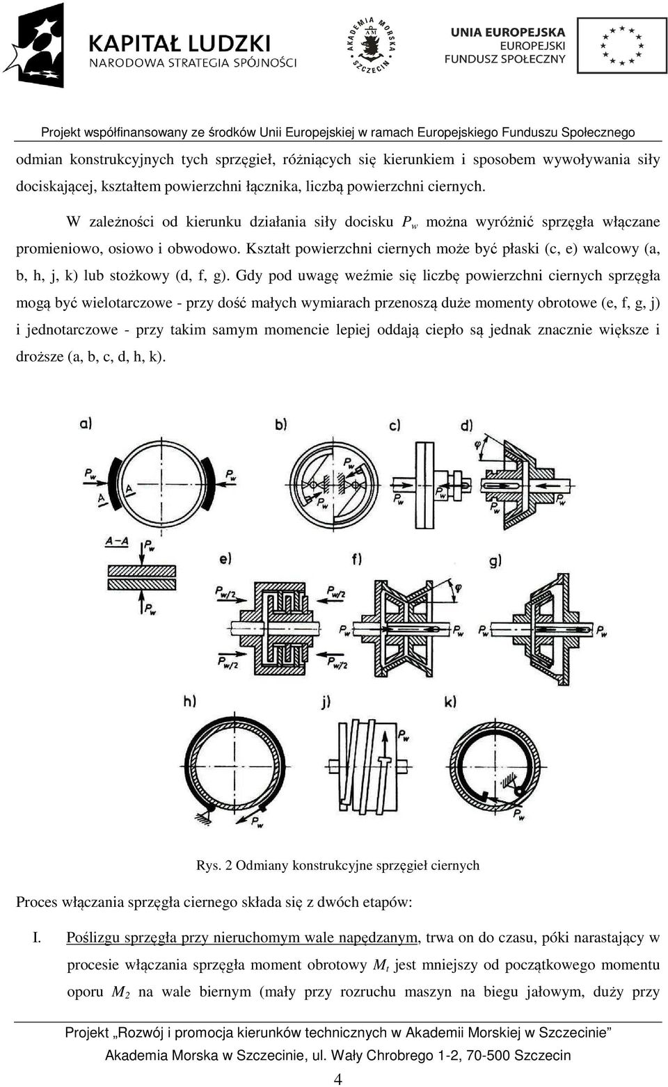 Kształt powierzchni ciernych może być płaski (c, e) walcowy (a, b, h, j, k) lub stożkowy (d, f, g).